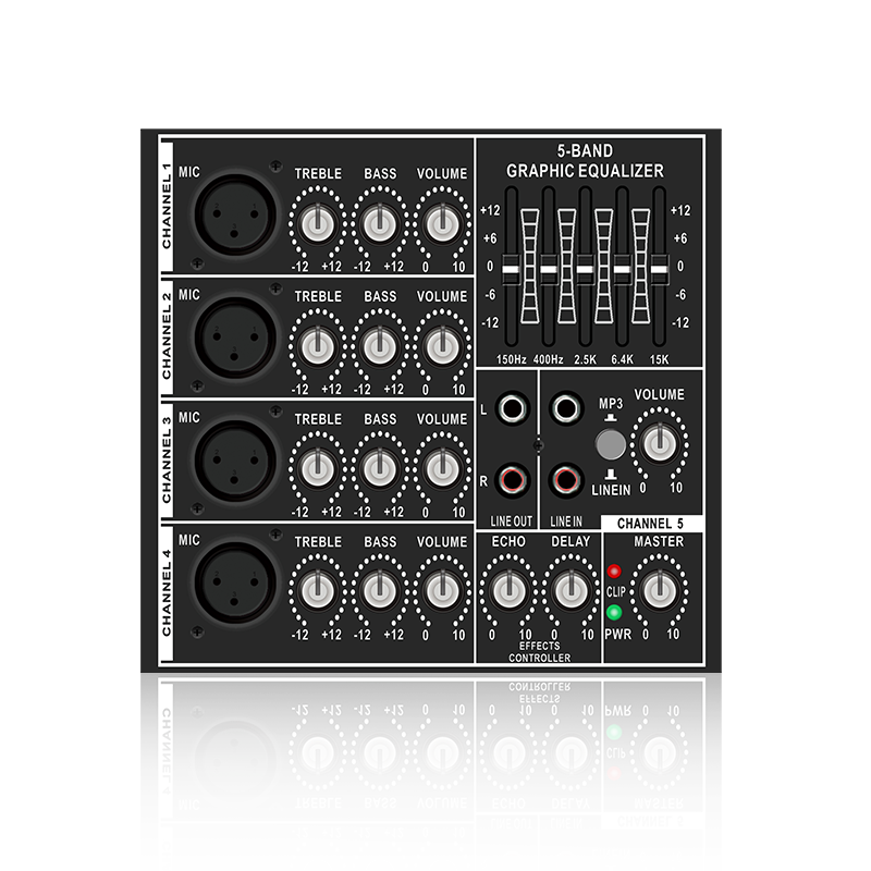 PL83 : entrée à 4 canaux de micro et module fonctionnel analogique horizontal de contrôle du volume des basses et des aigus des micros individuels pour amplificateur de classe AB