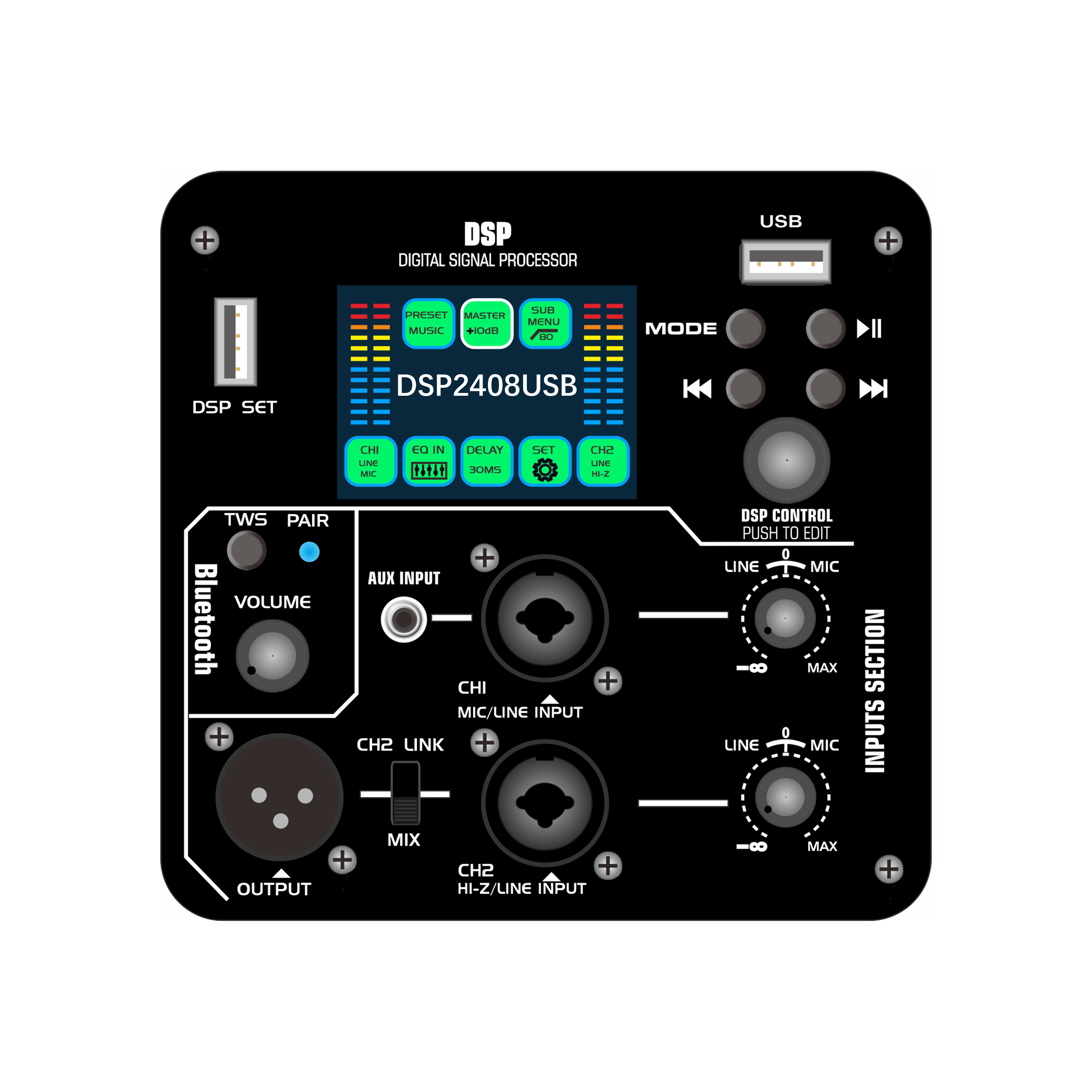 Amplificateur de puissance actif DSP à écran couleur DSP2408USB, avec fonction de lecture audio sur clé USB